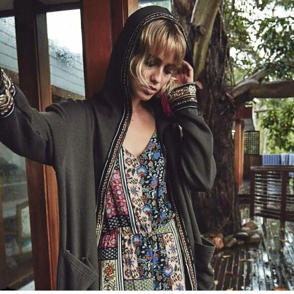 Jaase- Oversized Long Hooded Cardigan Open Front Sweater Olive Green Size XS - Picture 1 of 13